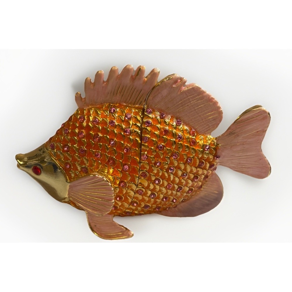Pesci Austrian Crystal Jeweled Enameled Angel Fish Trinket Box Pink Gold Orange